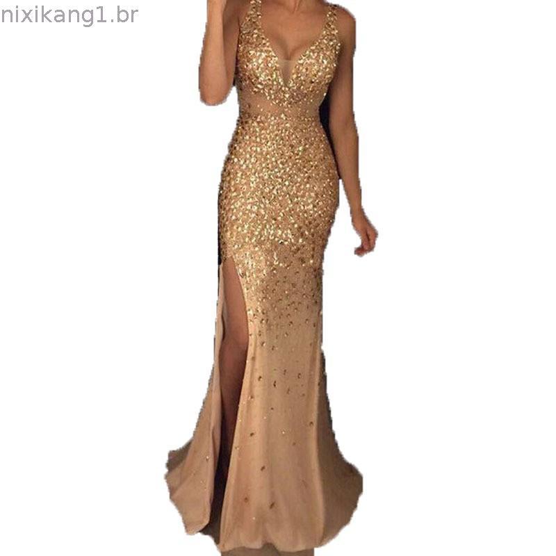 Vestido Longo Vestido de Noite Vestido Longo Feminino Alça Decote em V Fenda Vestido de Lantejoulas GPLS