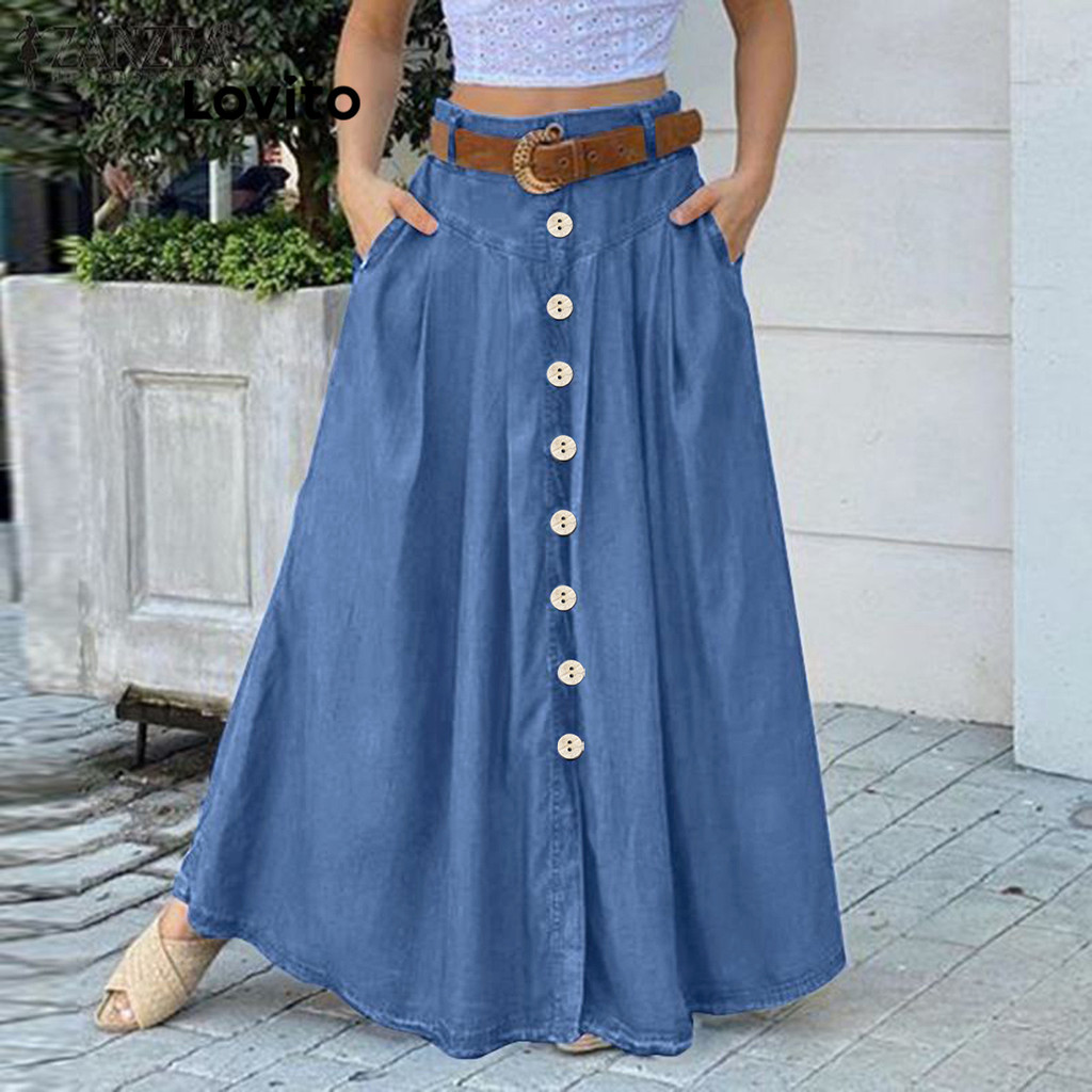 Lovito Saia Plus Size Curva Casual Lisa Com Botões Para Mulheres LNL83250