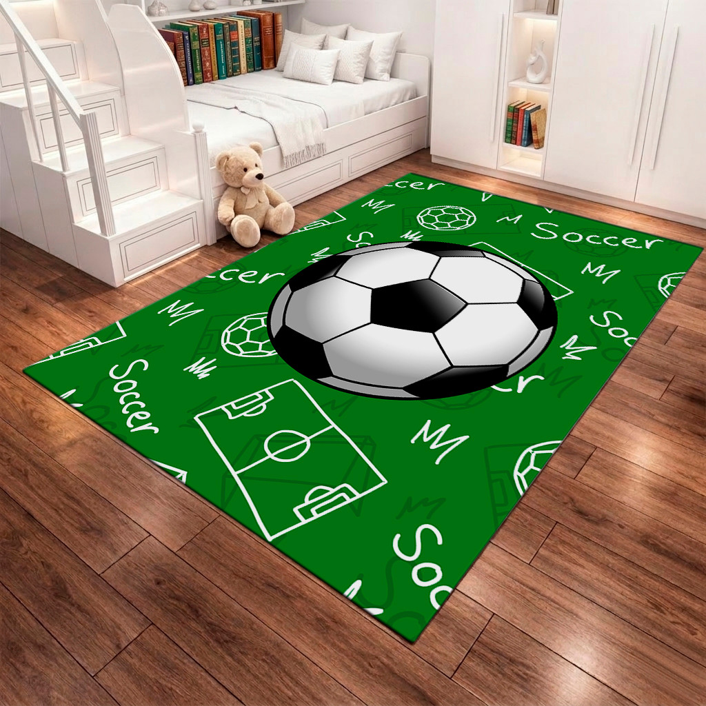Tapete de Quarto Grande Retangular Antiderrapante Futebol Bolas Menino Campo