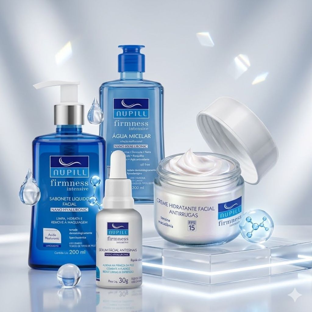 Kit Linha Completa Nano Hyaluronic Nupill – Sabonete 200ML + Água Micelar 200ML + Sérum 30G + Creme Antirrugas 50g