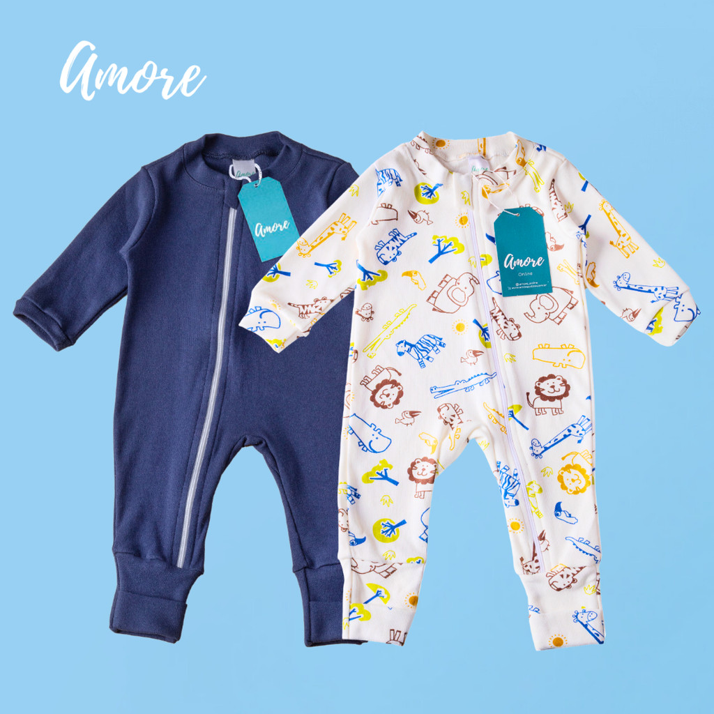 Roupa Para Bebê Kit 2 Macacão Amore Vira Pé Animais e Azul Marinho 100% Algodão