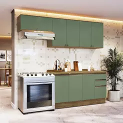 Armário de Cozinha Completa 100% MDF 240cm Nogueira/Verde Celeste Kappesberg