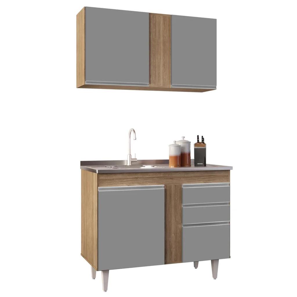 Armário Aéreo Indiana e Balcão Gabinete 100cm com Pia Inox Luziania Castanho/Cinza - Lumil