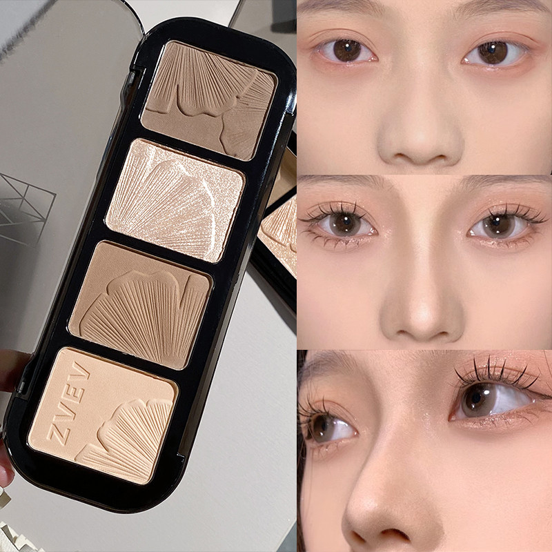 Paleta de contorno de quatro cores, alto brilho, Blush integrado, sombra fosca, brilho facial, sombra de nariz