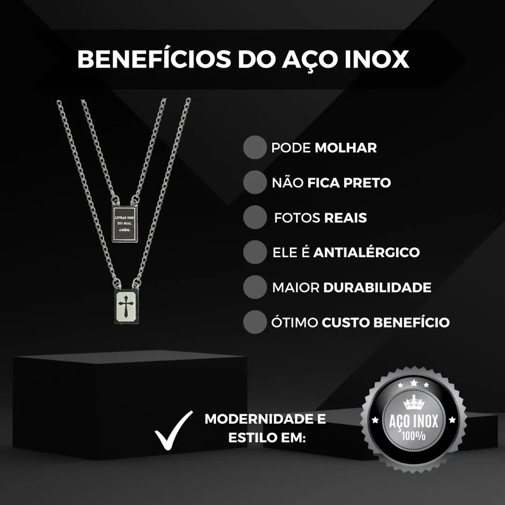 Escapulário Cruz Placa Livrai-Nos Do Mal Amém | Aço Inox 316L | Corrente 65cm | Masculino Feminino — imagem 2 de 2