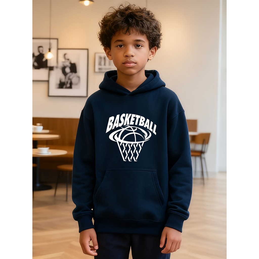 Moletom Esportivo com Capuz e Bolso Estilo Bolso para Meninos e Jovens, Padrão Estampado de Basquete Trendsetter (acessó