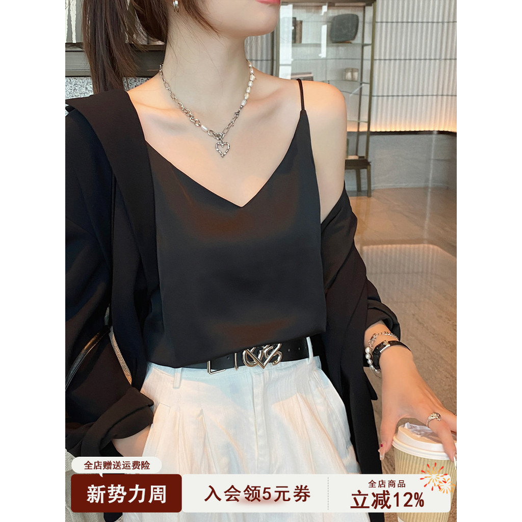 Camisola de seda gelo 2025 novo estilo feminino verão preto simulação seda com cetim branco fundo acetato pequeno topo