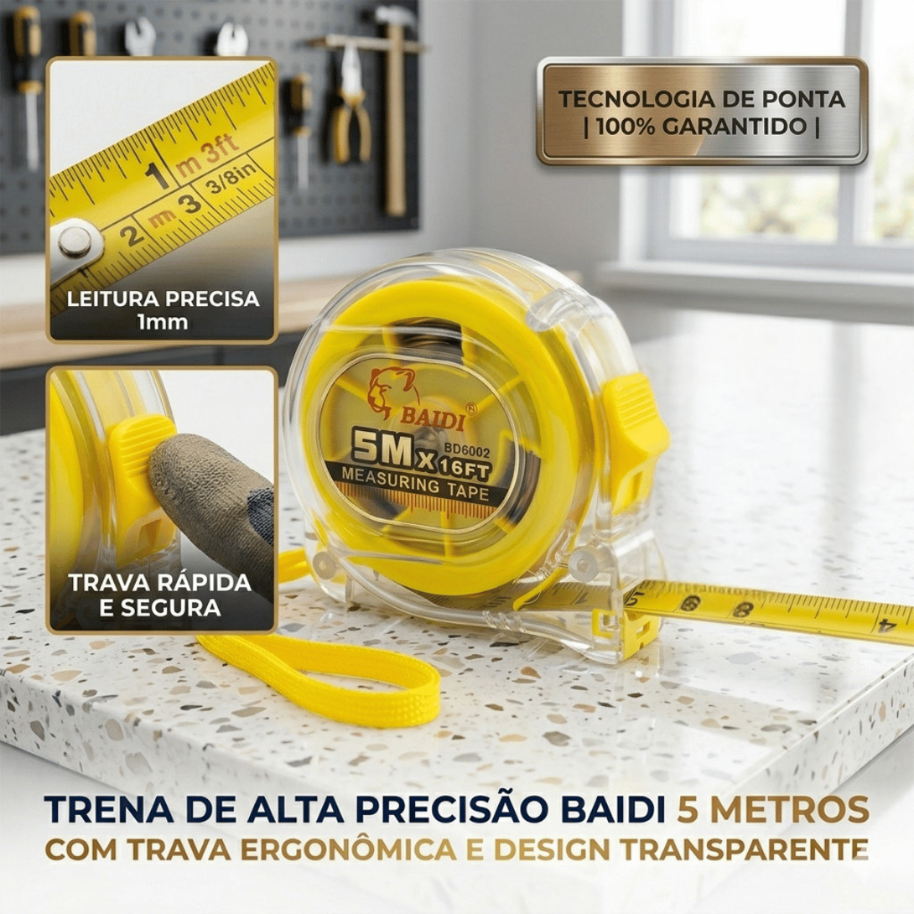 Kit 4 Trena Fita Métrica Trava Manual 5 Metros Suporte para Cinto Profissional Medida Precisão Baidi