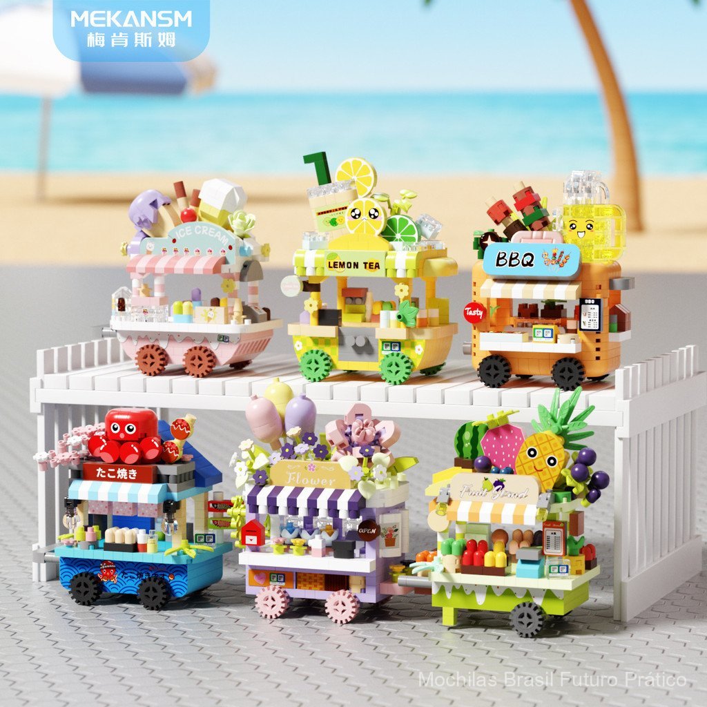 Compatível com carrinho de sorvete Lego, carrinho de comida, blocos de montar, cenário de rua, carrinho de venda de lanc