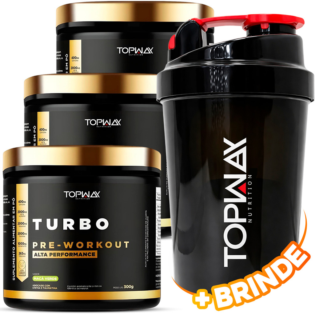 3x Topway Suplemento Pré Treino Workout Turbo Alta Performance 300g Sabor Maça Verde + Coqueteleira