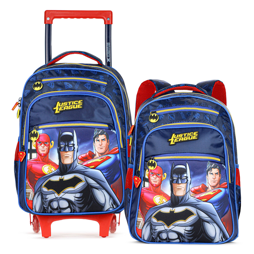Kit Mochila Com Rodas 16 15530 + Mochila 16 15532 Escolar Xeryus Liga da Justiça Azul e Vermelho - Infantil