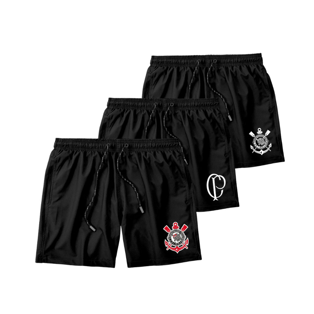 KIT 3 SHORT CORINTHIANS TACTEL ELASTANO ESPORTIVO FITNESS DRY FIT FIEL TIMÃO