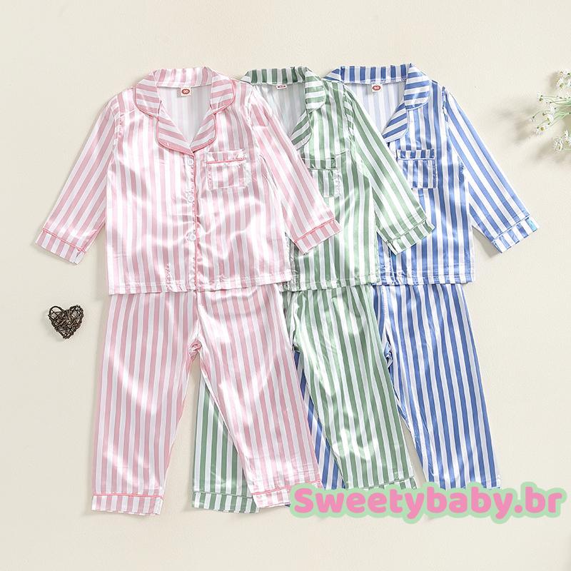 Conjunto De Pijamas Infantis De Outono Para Meninas , Meninos , Camisas Listradas De Manga Comprida + Calças Compridas ,