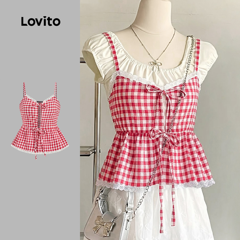 Lovito Casual Top Lace Up Primavera/verão Vermelho Branco Top para Mulheres. L171ED215 em Oferta na Shopee