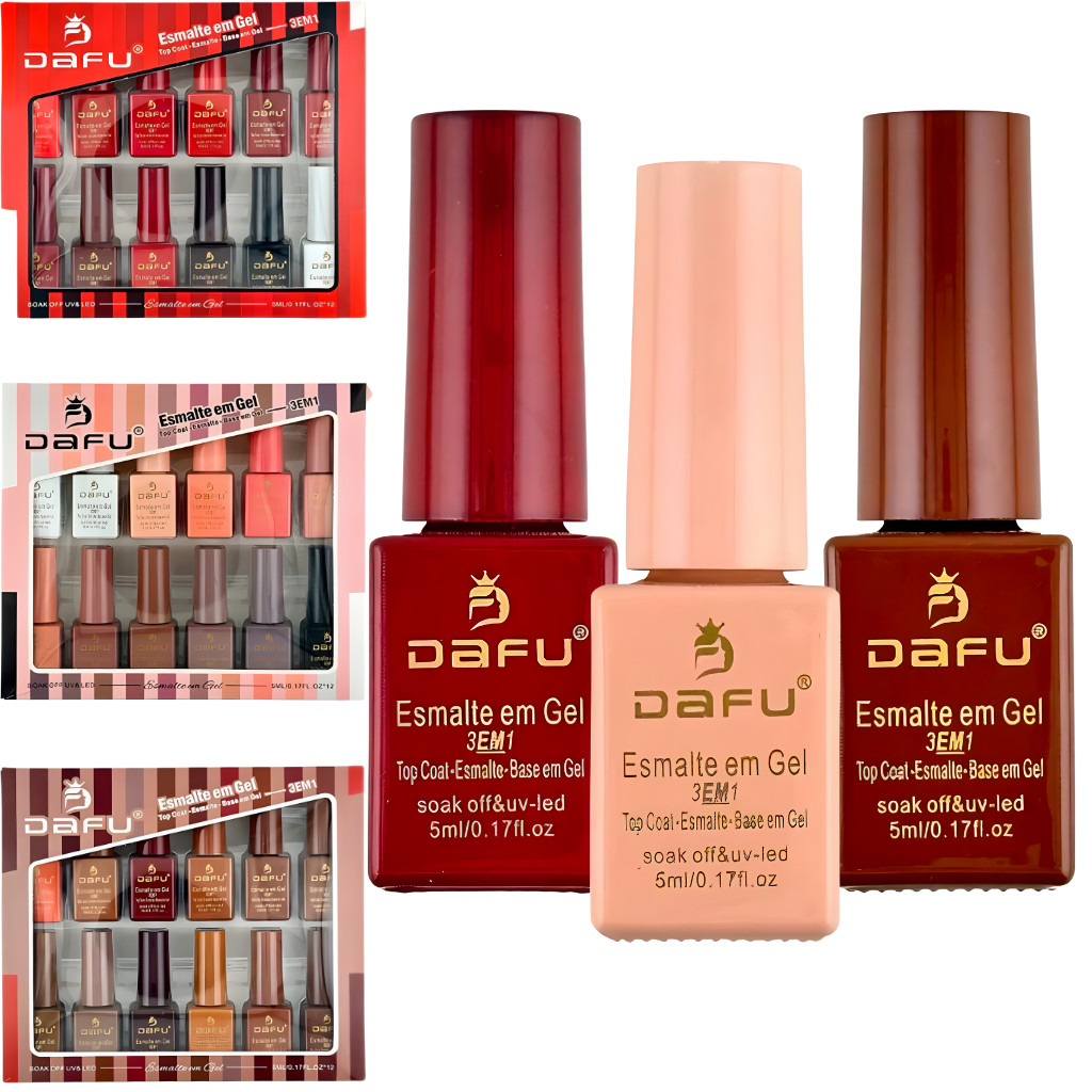 Kit 12 Esmalte em Gel 3em1 Dafu 5ml Top Coat + Base em Gel + Esmalte em Gel - Dafu em Oferta na Shopee