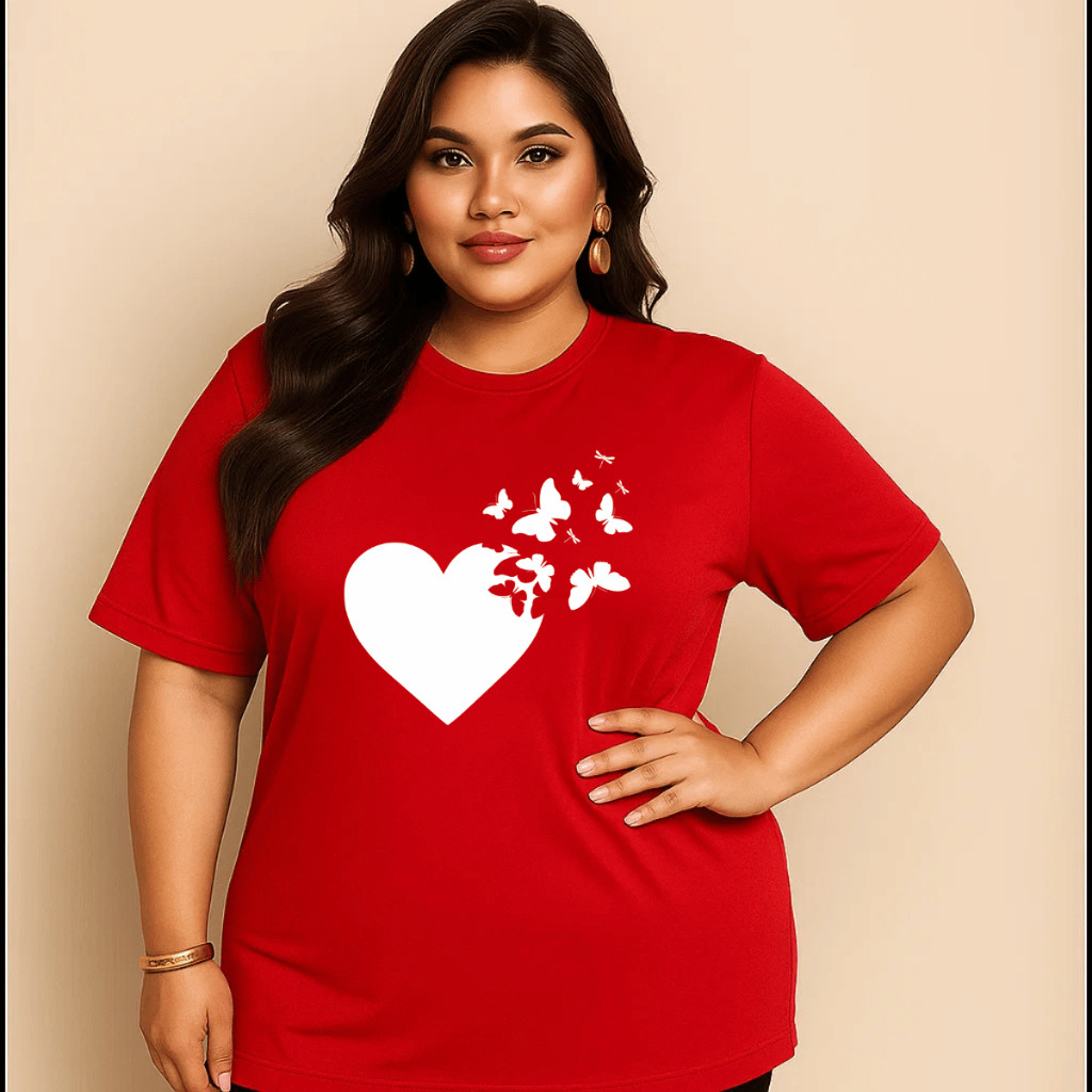 Camiseta Plus Size Feminina Estampada Do P Ao G5 Coração Borboletas Academia Treino 100% Algodão Premium Verão 01