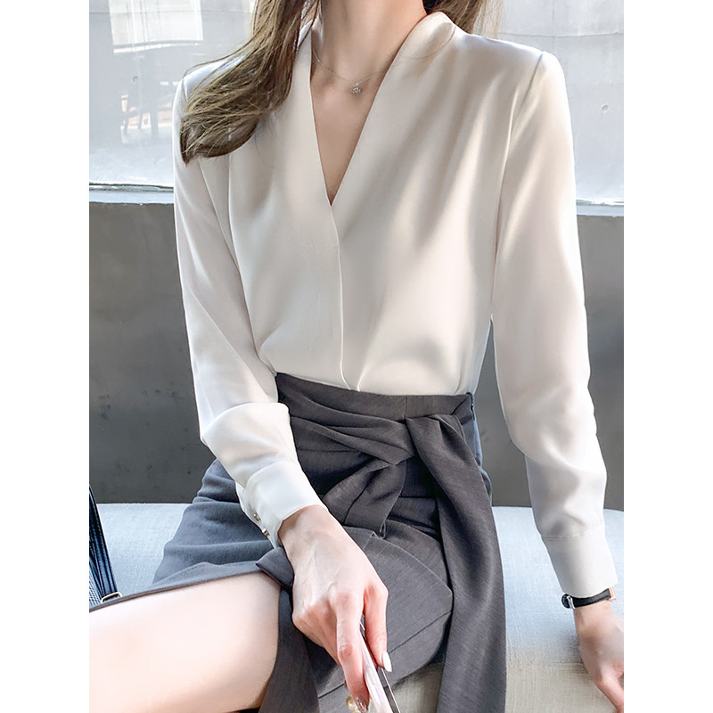 Acetato cetim camisa branca senhoras profissional com decote em v topo feminino primavera Chiffon camisa feminina Design
