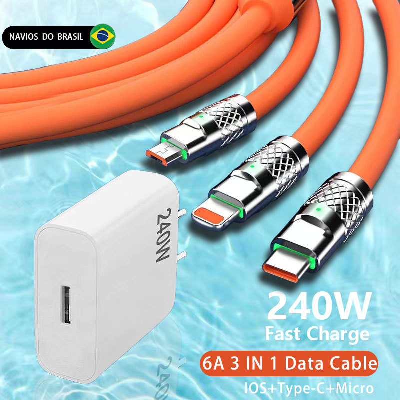 Cabo De Dados De Super Carregamento 3 Em 1 Micro USB Tipo-C iOS Multi-Porta 240W Cabos Adaptadores Para Carregadores Ráp