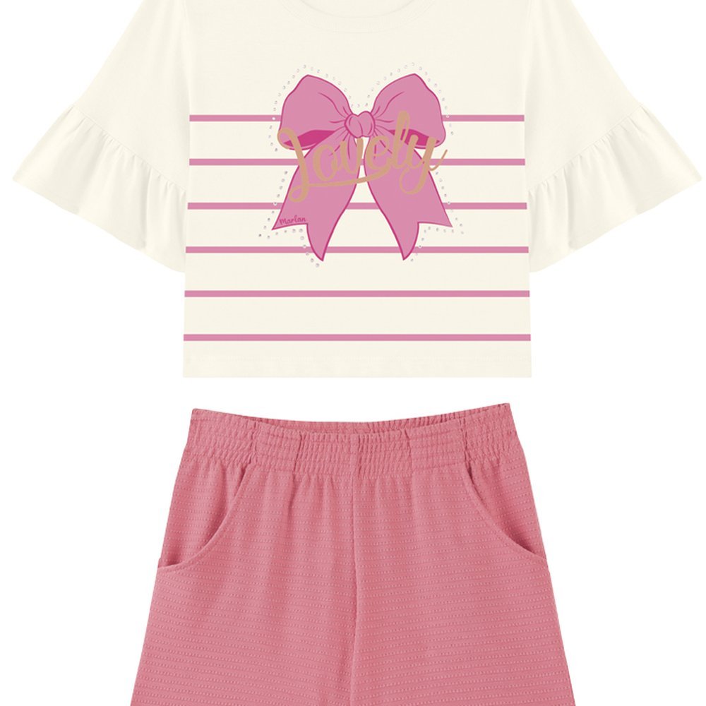 CONJUNTO INFANTIL MENINA BLUSA EM MEIA MALHA PENTEADA E SHORTS EM COTTON MAQUINETADO