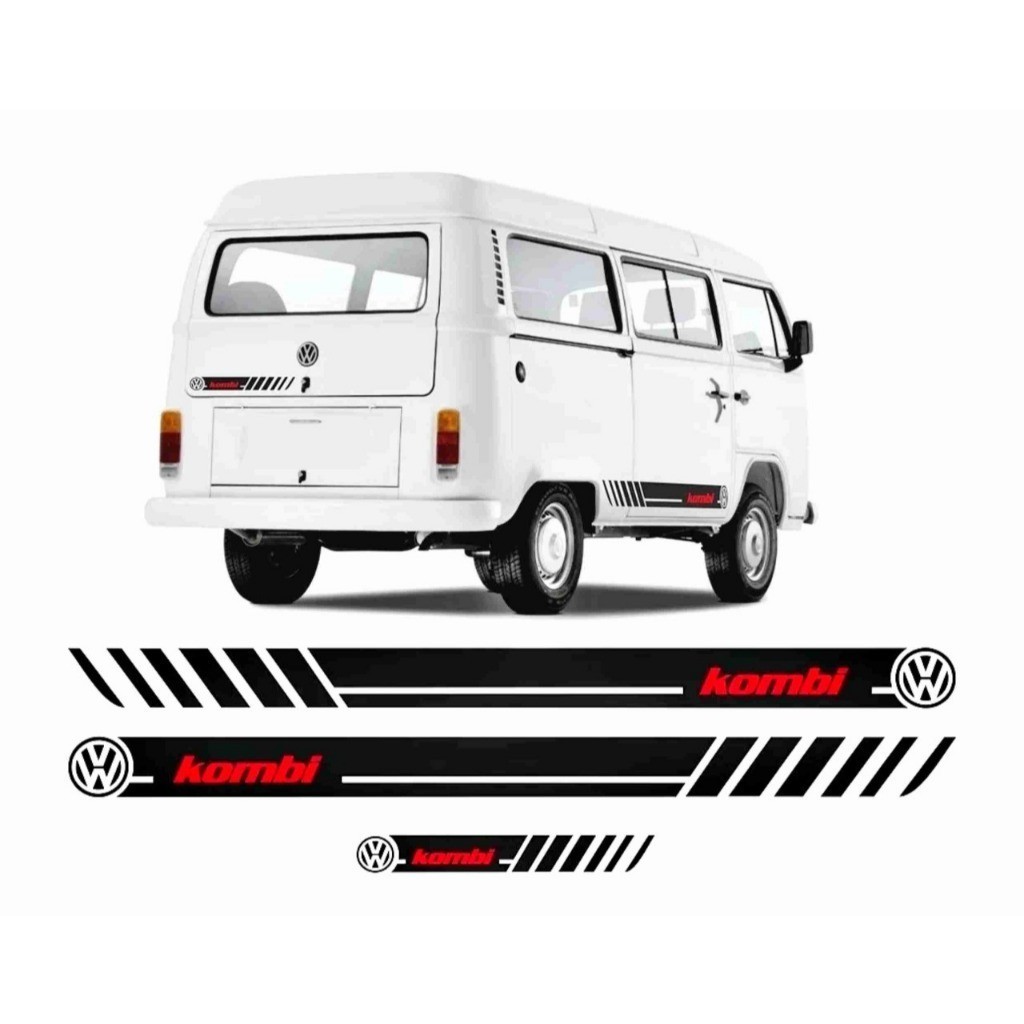 Kit 3 Faixa Adesivo Lateral E Traseiro Volkswagen Kombi Lateral Acessório Sticker Personalizado Preto e Vermelho Vw67