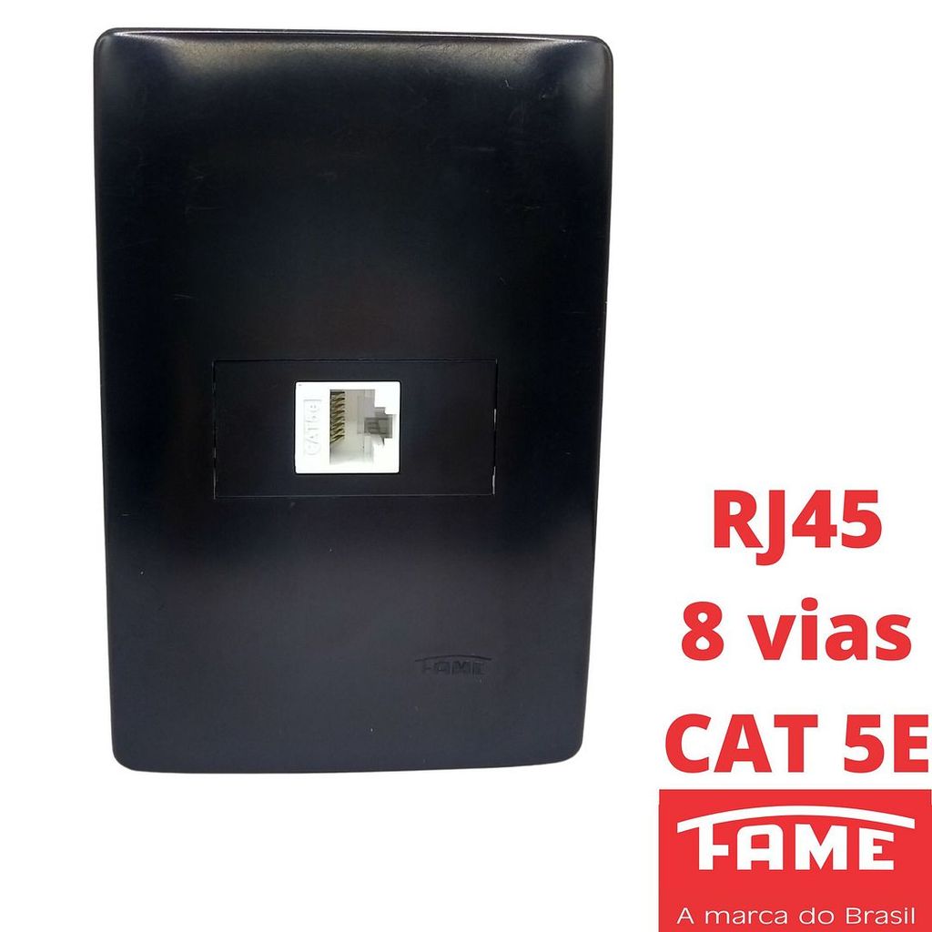 1un Tomada Rede de Informatica RJ45 CAT 5E 8 Vias Com Placa 4x2 Habitat Black Preto FAME