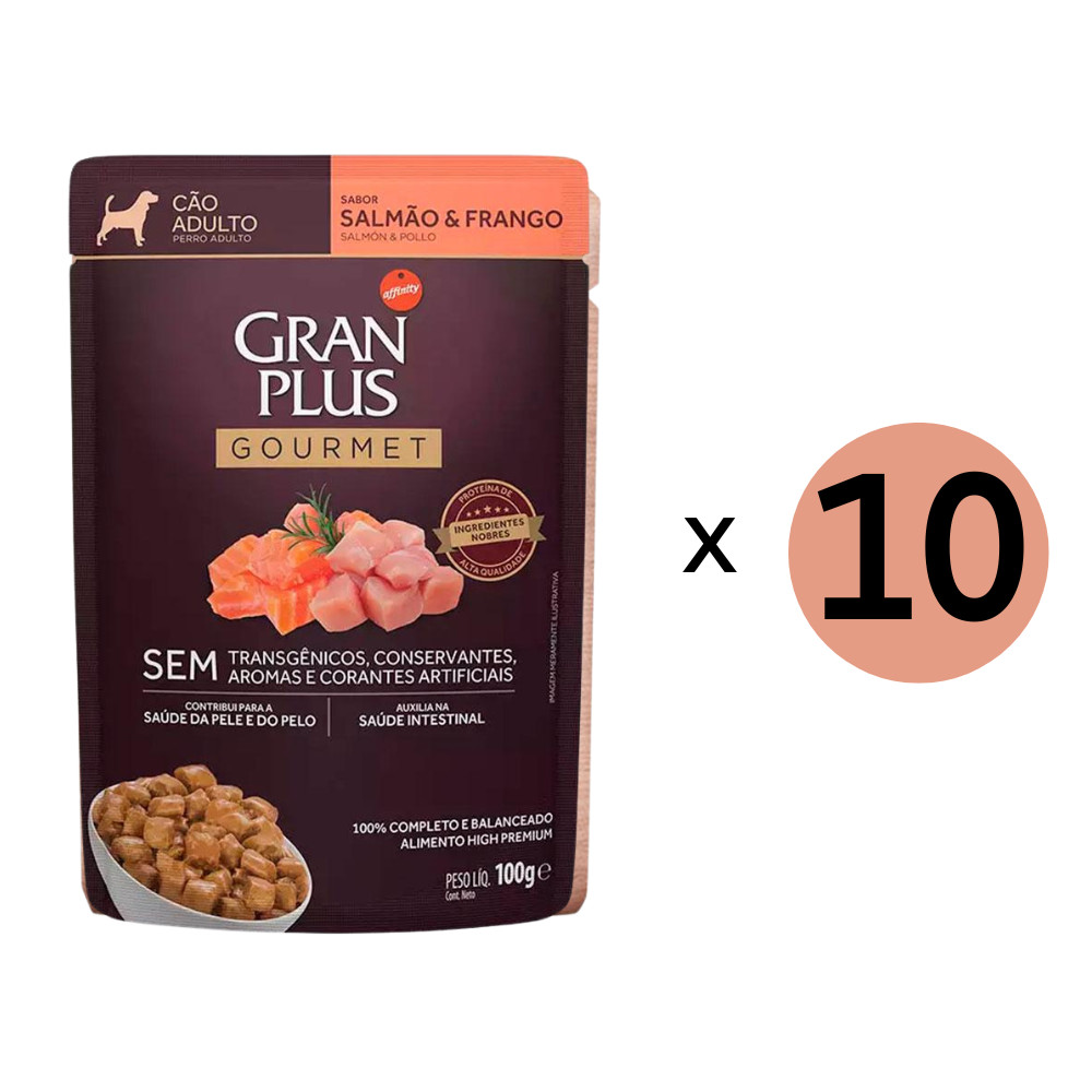 Kit 10 Ração Úmida Gran Plus Gourmet Cães Adultos Salmao Frango Sachê 100Gr em Oferta na Shopee