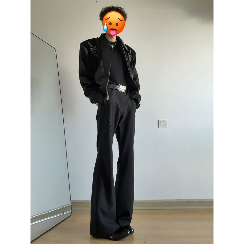 Cleanfit preto ligeiramente travado calças masculinas High-End Drape terno calças altas e compridas