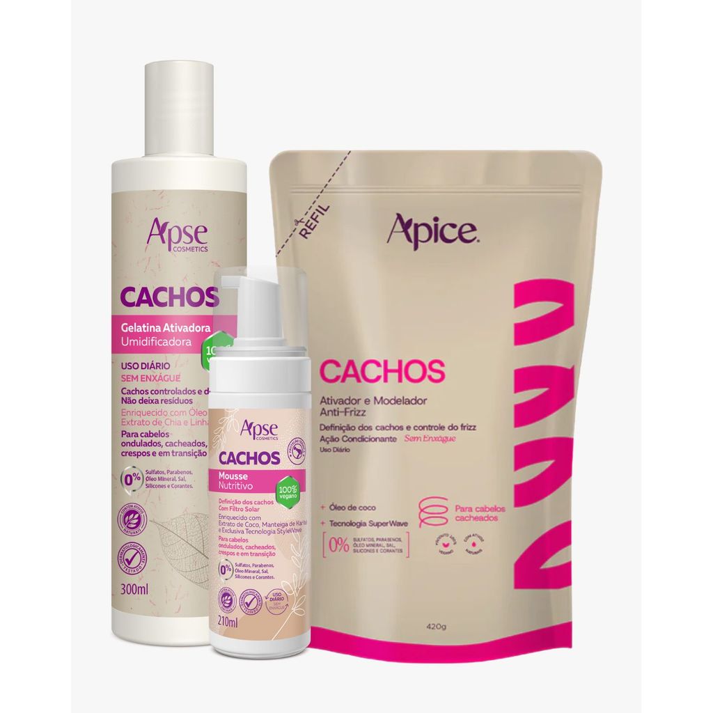 Kit Gelatina, Mousse e refil Ativador Cachos Apice