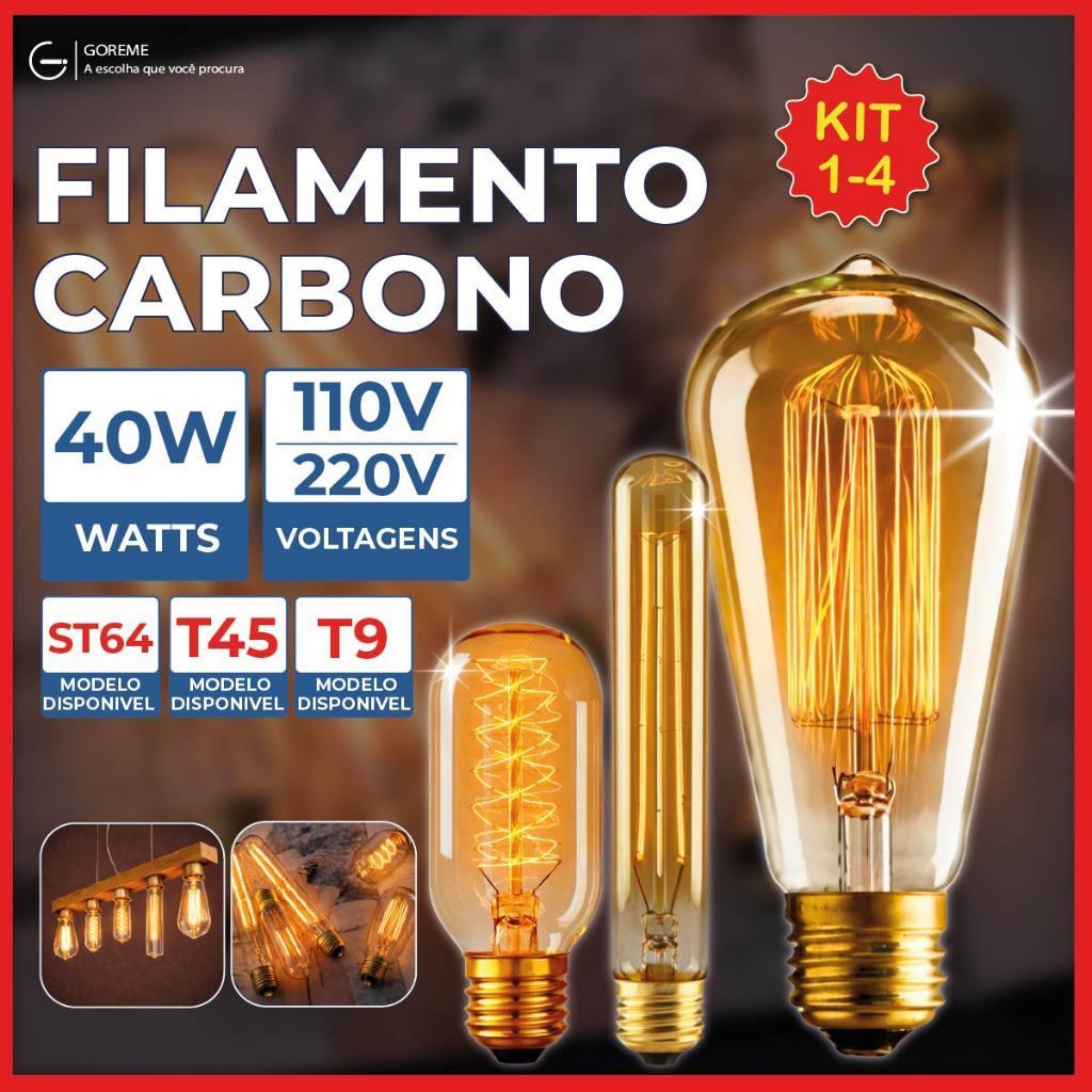 Lâmpada Filamento Carbono ST64 T45 T9 40W Luz Quente Âmbar E27 110V ou 220V em Oferta na Shopee