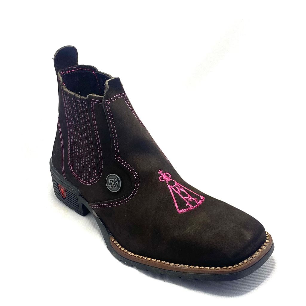 Bota Texana Feminina N.S.A em Couro Aparente Cor Café com Detalhes em Onça, Costura Aparente