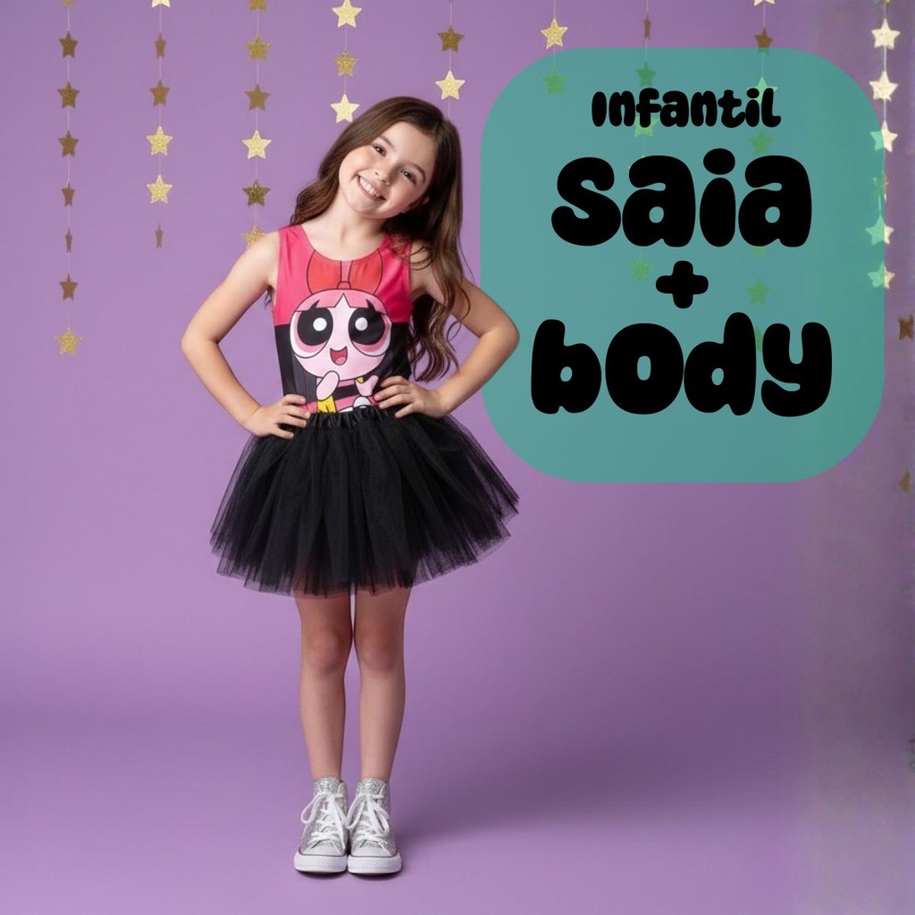 Conjunto Body Collant Infantil Estampa Florzinha Meninas Super Poderosas e Saia de Tule