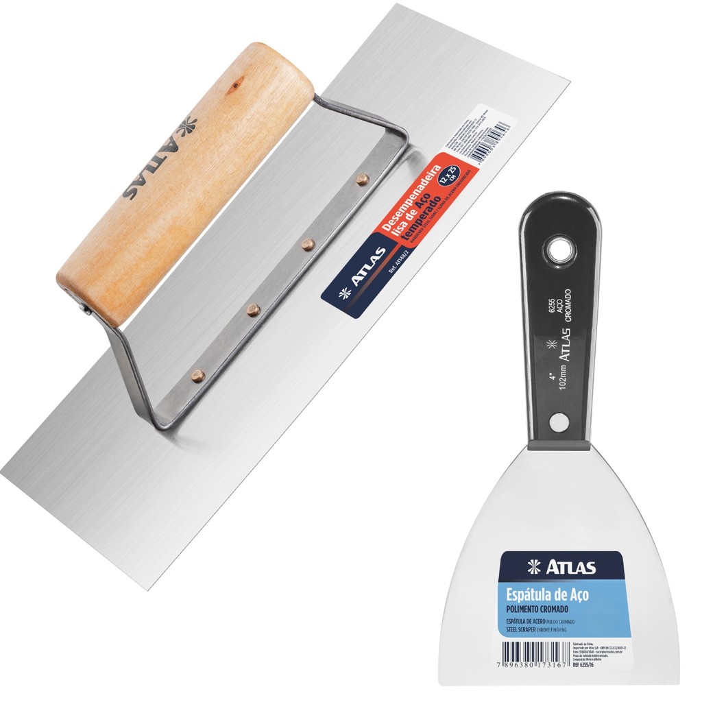 Kit Desempenadeira de Aço Lisa com Cabo de Madeira e Espátula de Aço Polido 10cm Ferramenta de Pedreiro Prática