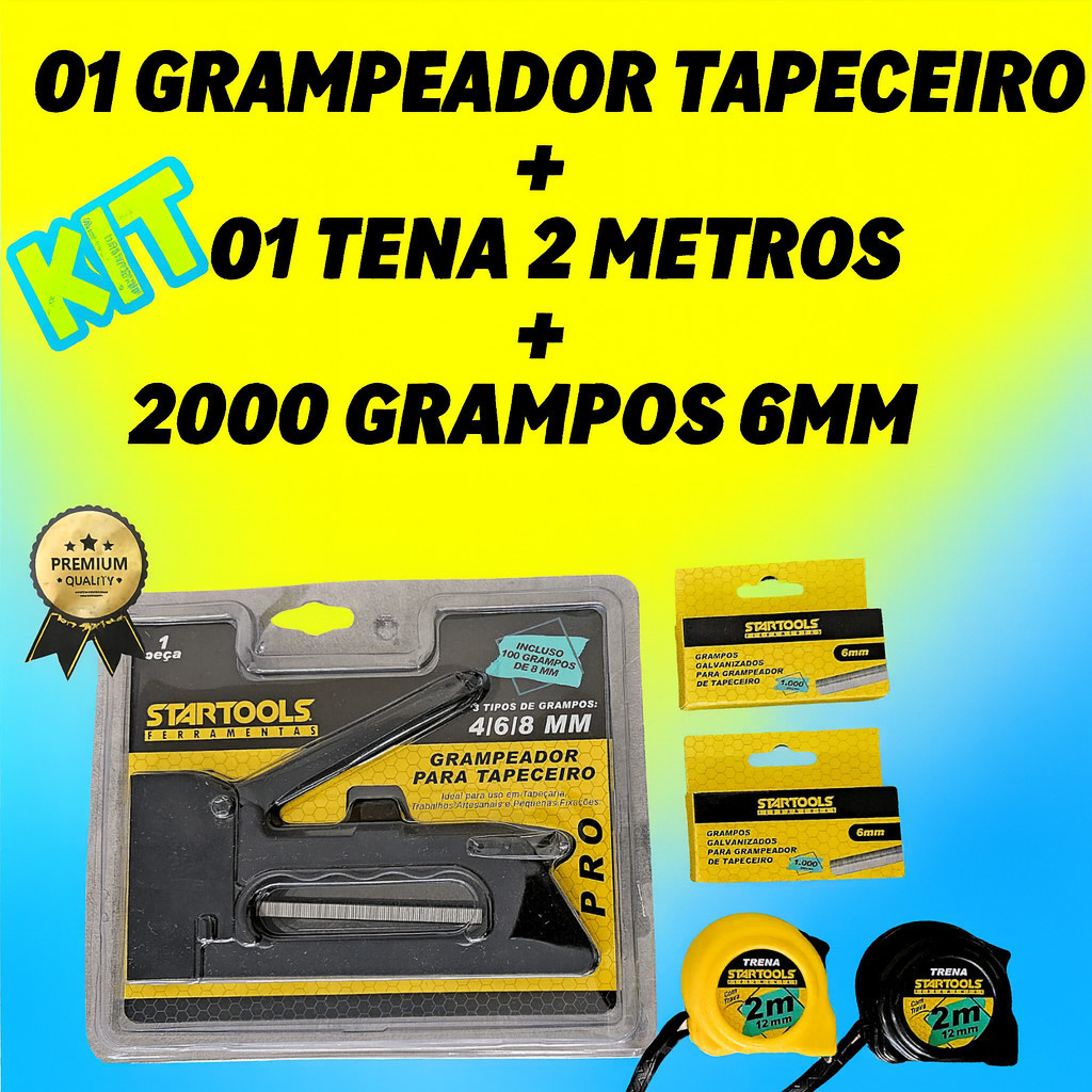 Kit Grampeador de Tapeceiro ABS/FERRO + 2.000 Grampos 6MM + Trena de 2 metros