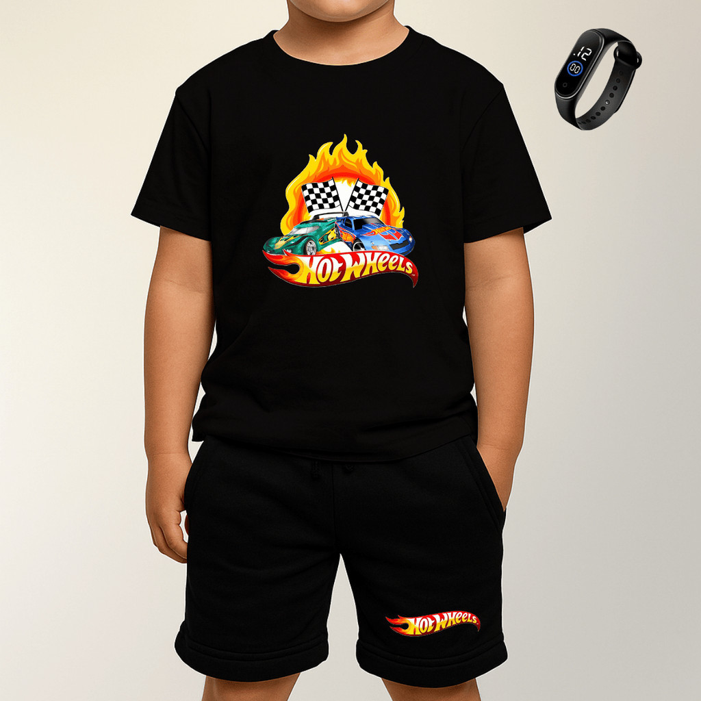Conjunto infantil menino Camiseta 100% algodão manga curta e bermuda moletinho estampada roupa menino kit coom relógio