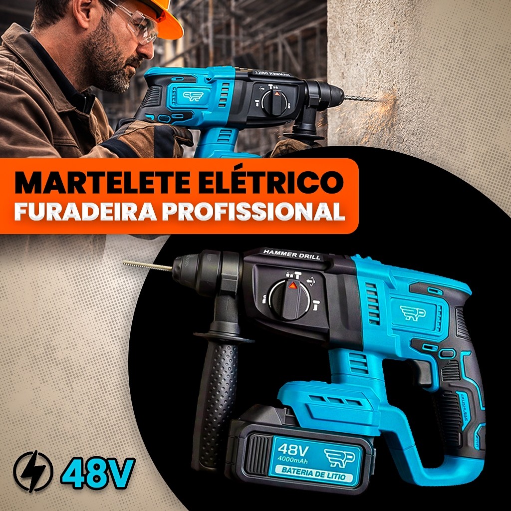 Martelete Furadeira Impacto 48V | 2 Baterias Lítio 13000mAh Bivolt Profissional Completo