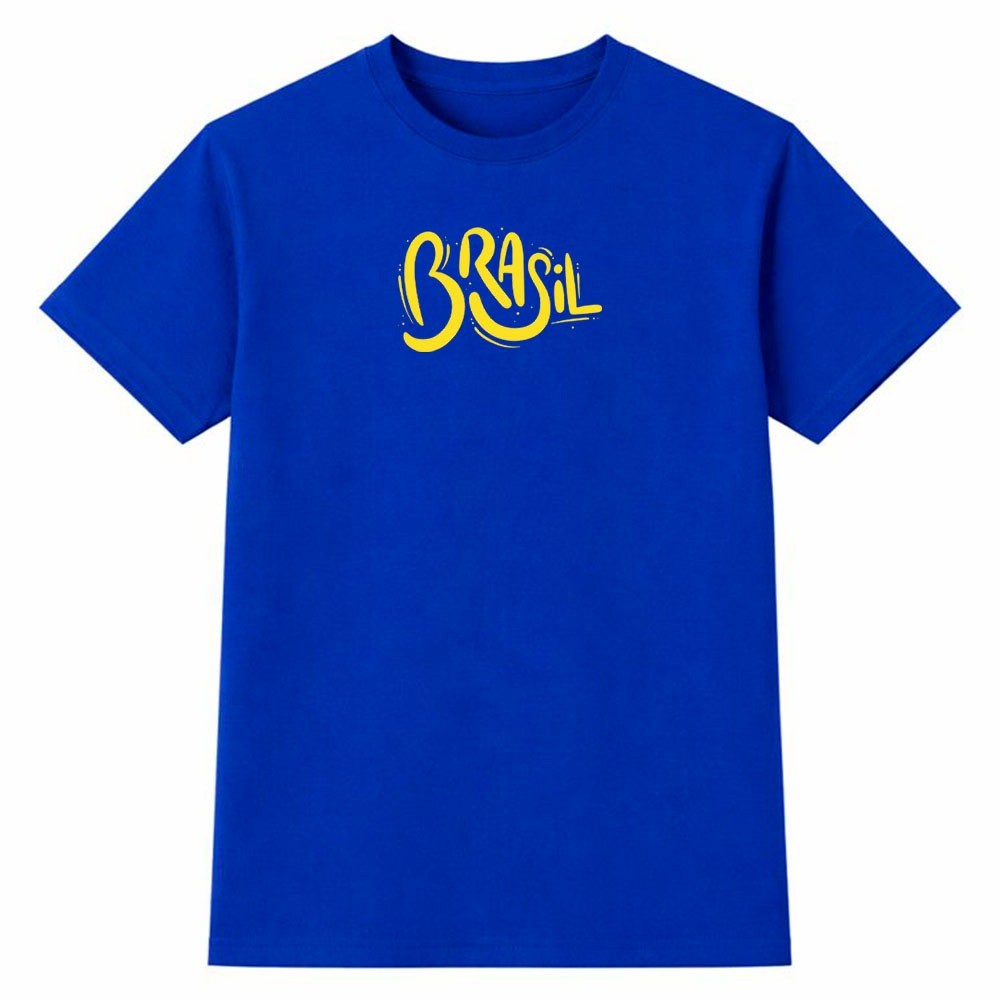 Camiseta Masculina 100% Algodão Camisa Brasil Tipografia Cursiva Futebol Copa do Mundo Moda 