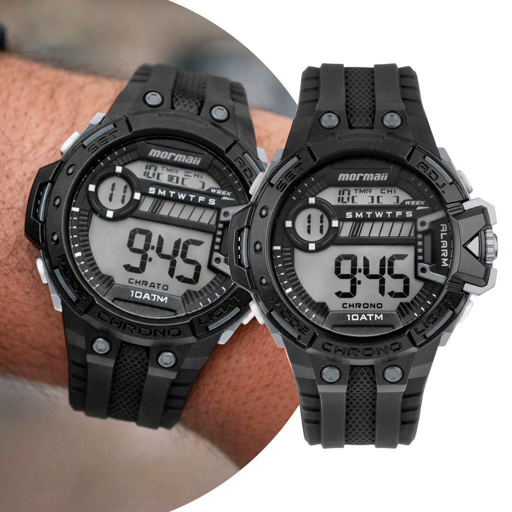 Relógio Masculino Digital Preto e Cinza de Pulso com Pulseira de Silicone à Prova D Água Shock Surf Mormaii Original