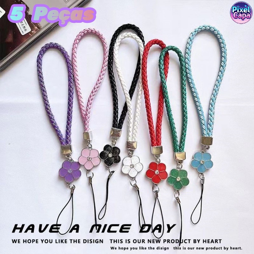 Kit 5 Cordão De Pulso Floral Feito À Mão Com Chaveiro-Estilo Verão Anti-Queda Cordinha Lanyard GS005