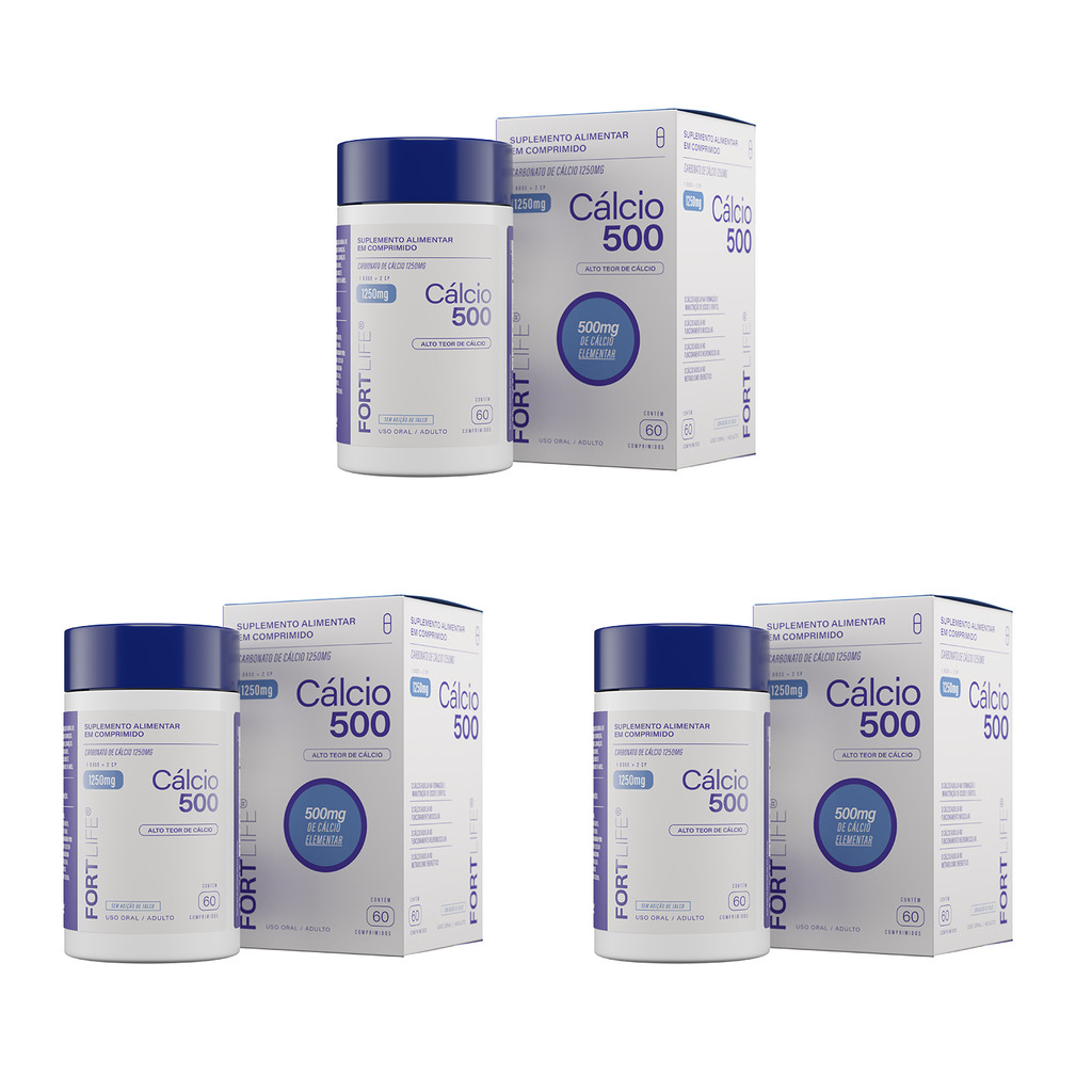 Kit 3 Cálcio 500 - Carbonato de Cálcio 1250mg 60 Comprimidos FortLife