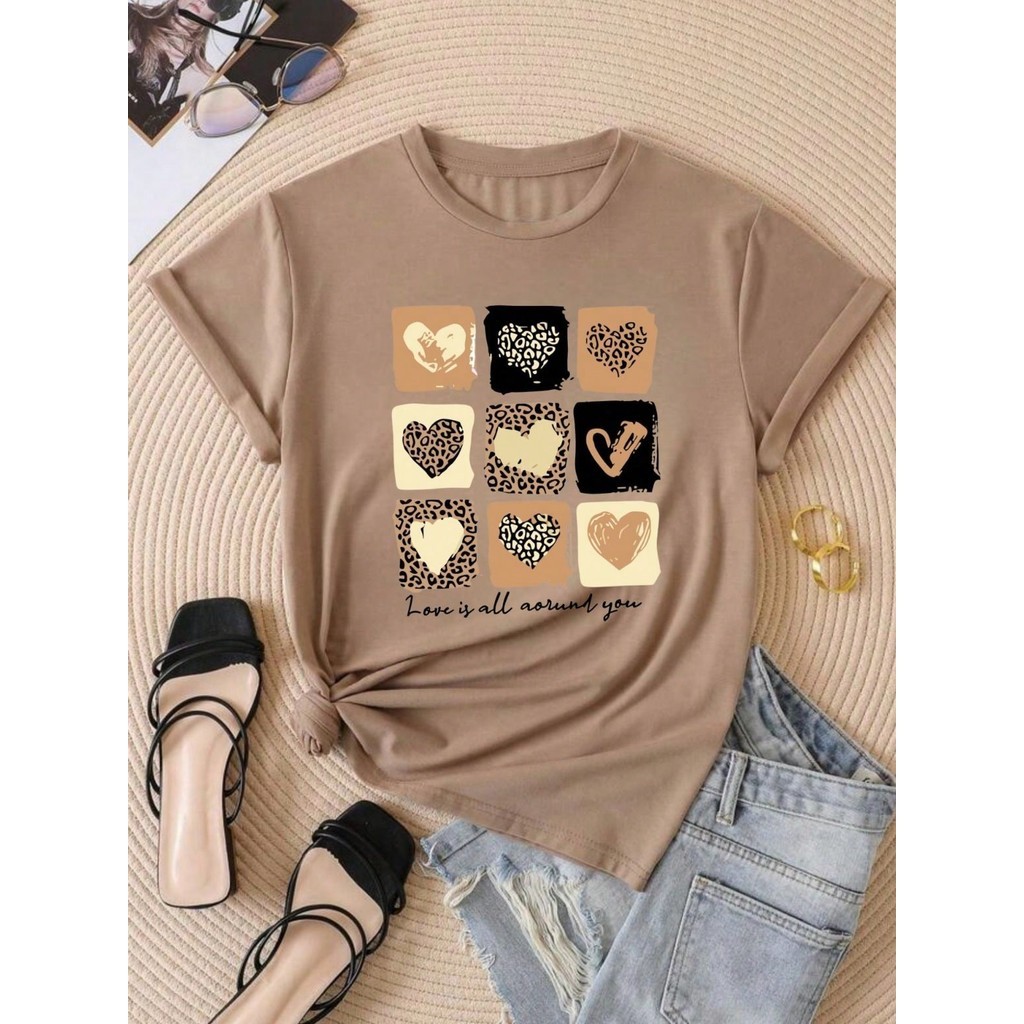 Camiseta Feminina T-Shirt Love Coração Animal Print  100% Algodão Casual em Oferta na Shopee