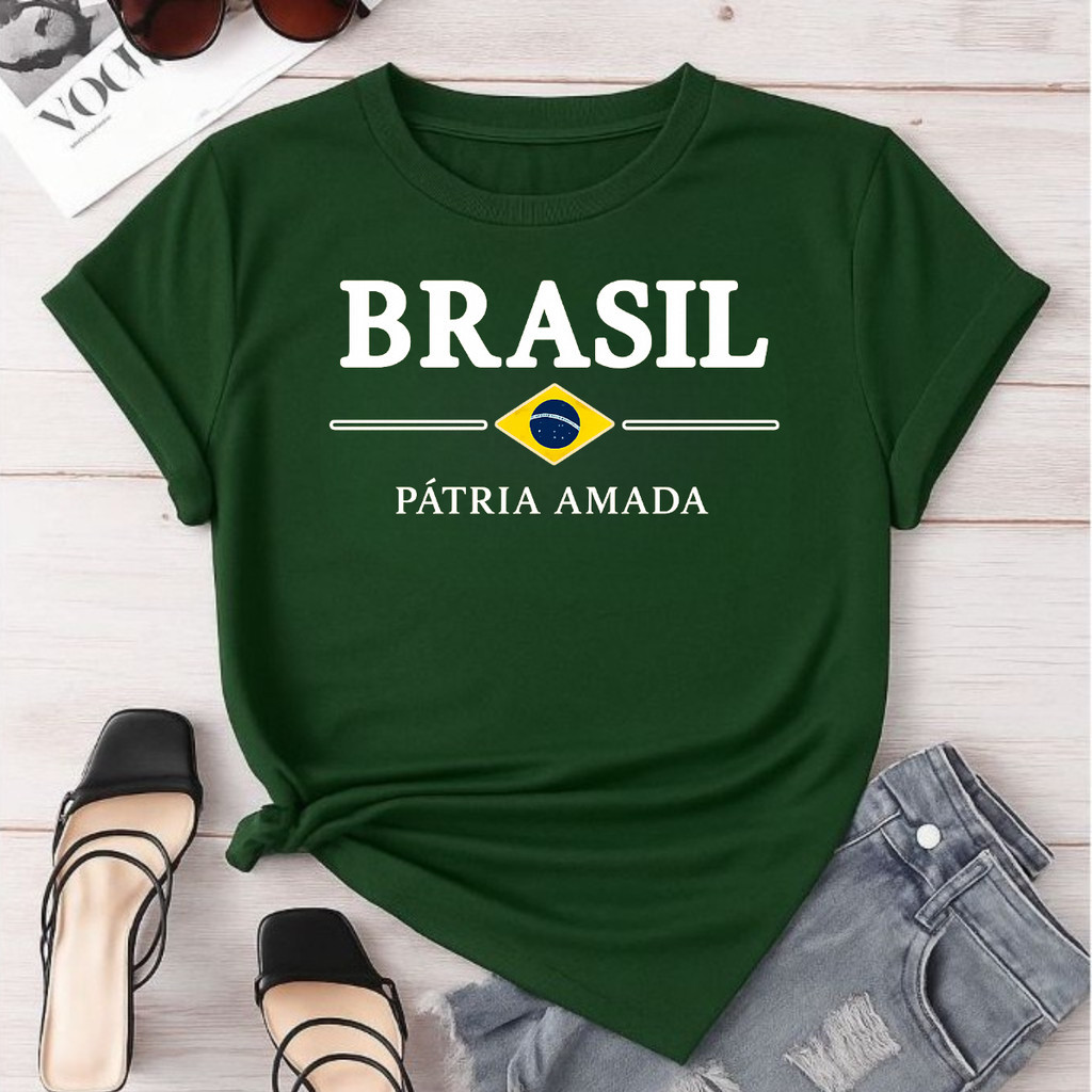 Camiseta Blusa T-shirt 100% Algodao Camisa Feminina Bandeira do Brasil Copa do Mundo