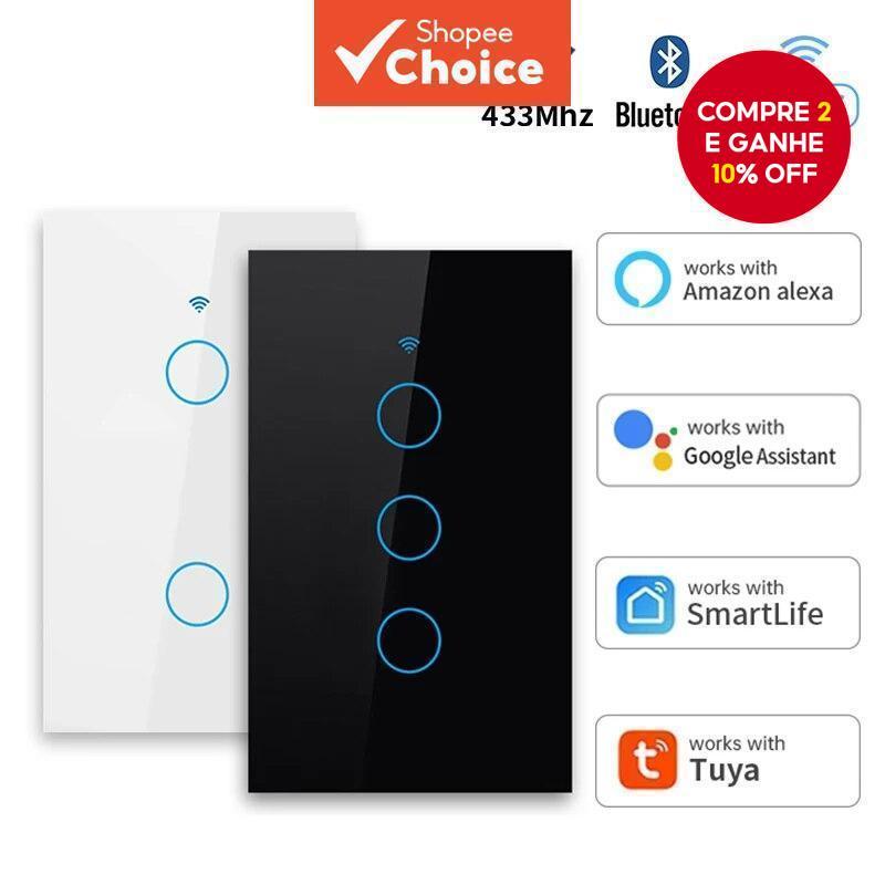 Funciona Com Tuya US WiFi + Bluetooth Smart Wall Switch RF433 1/2/3/4 Gang Touch Sensor LED Light Home Alexa Google