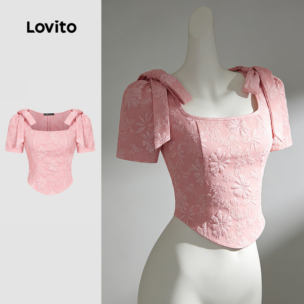 (NEW) Lovito Blusa Casual com Laço Textura Primavera/verão Blusa Rosa para Mulheres. L177AD359