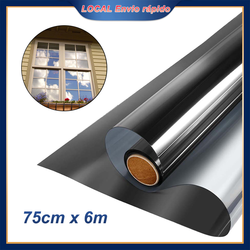 Película Espelhada Prata+Preta 75cm x 6m Profissional – Poliéster, Isolamento Térmico, para Janelas e Automotivo