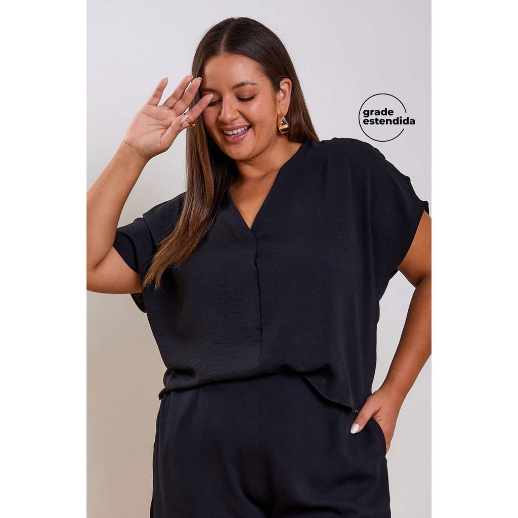 Blusa Feminina Texturizada Decote V Marialícia Preto
