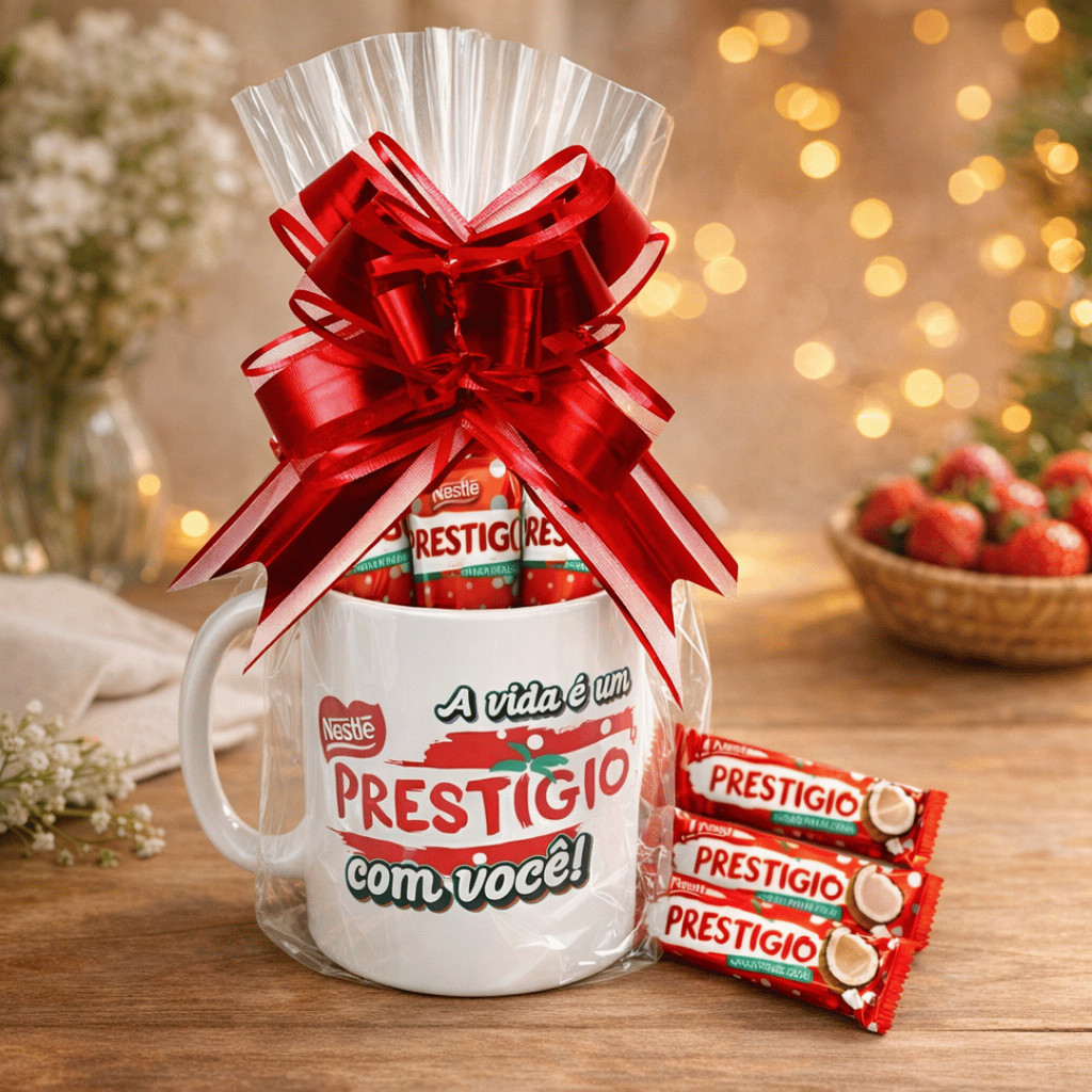 Kit Cesta Presente com Chocolate Prestígio Personalizado – Caneca + Bombons + Laço