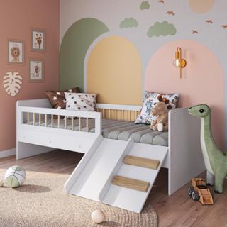 Cama Infantil Montessoriana de Solteiro com Colchão Menino Menina Escada Escorregador e Grade Branca em Oferta na Shopee