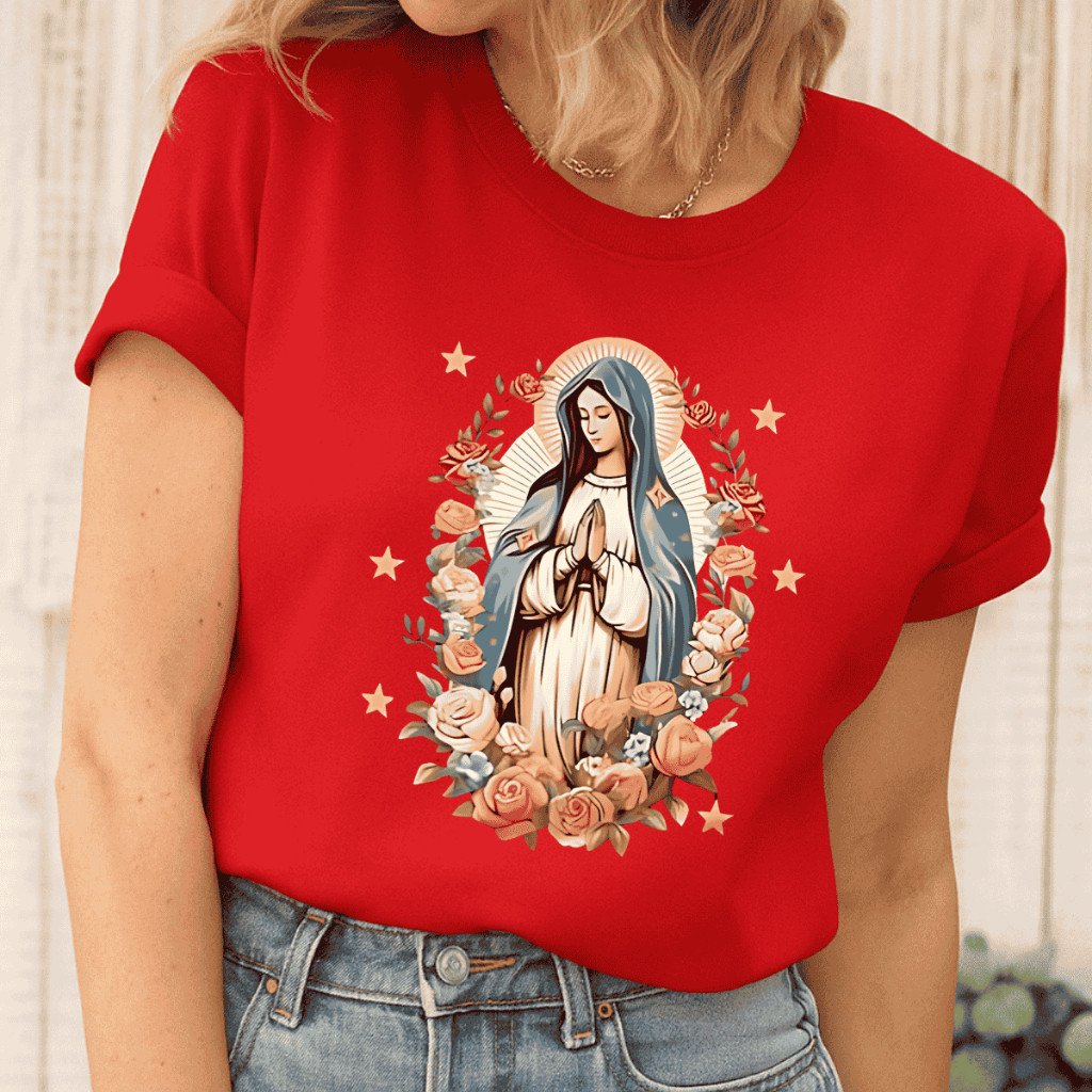 Camiseta Feminina Country Virgem Maria Estampada Estilosa Algodão T-Shirt