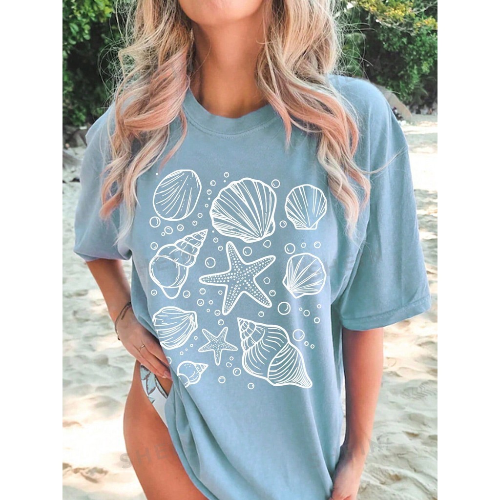 Camiseta Feminina Com Estampa De Concha Camiseta Verão Praia