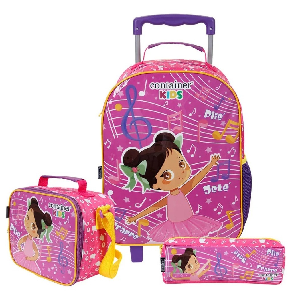 Kit Mochila Escolar de Carrinho Infantil + Lancheira + Estojo Dermiwil 13089KIT Bailarina